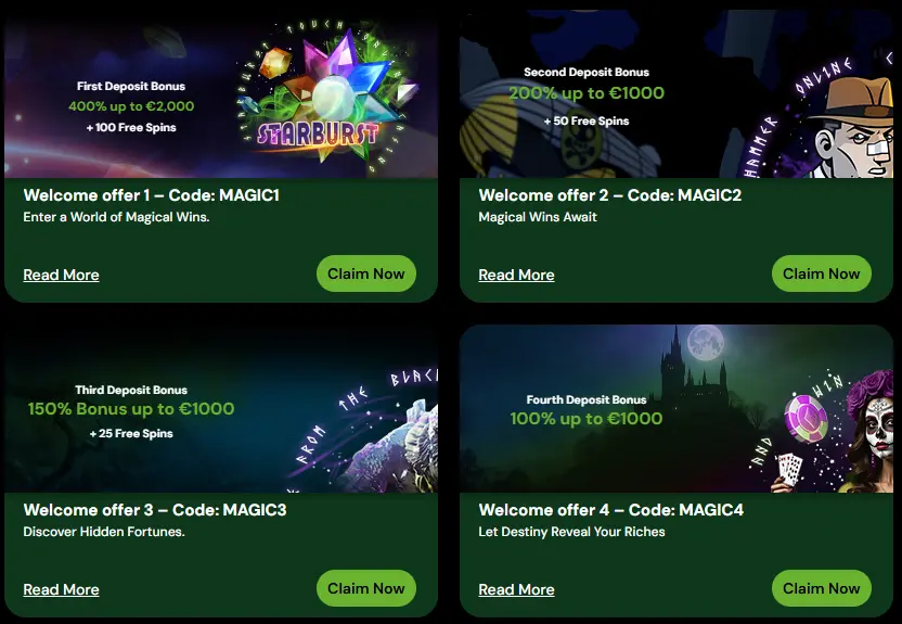 MagicWin Casino — 4-part Welcome Package up to 400% + 100 Free Spins (codes MAGIC1–MAGIC4)